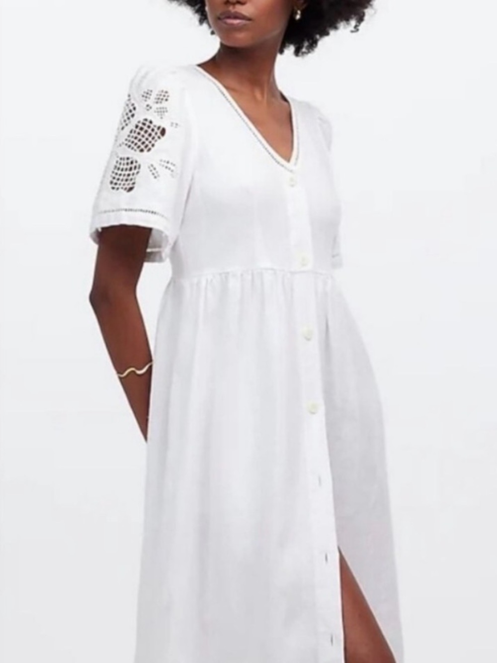 Madewell White Button-Front Eyelet-Sleeve Midi Dress - Picture 2 of 8